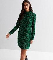 New Look Green Animal Print Jacquard High Neck Mini Tunic Dress